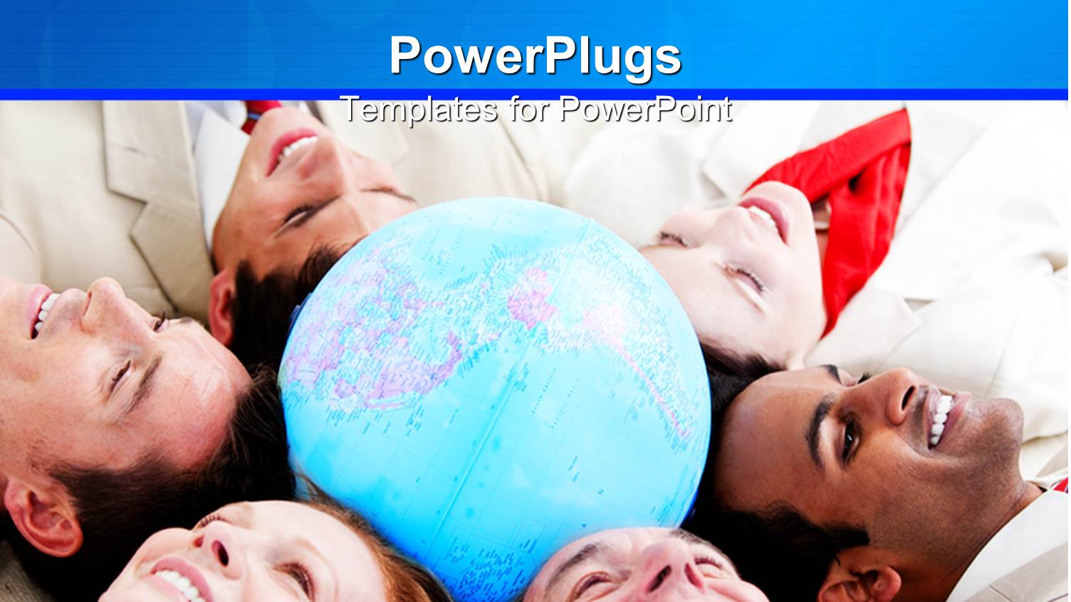 Six Business Men and Women Smiling and Laying Round a Globe