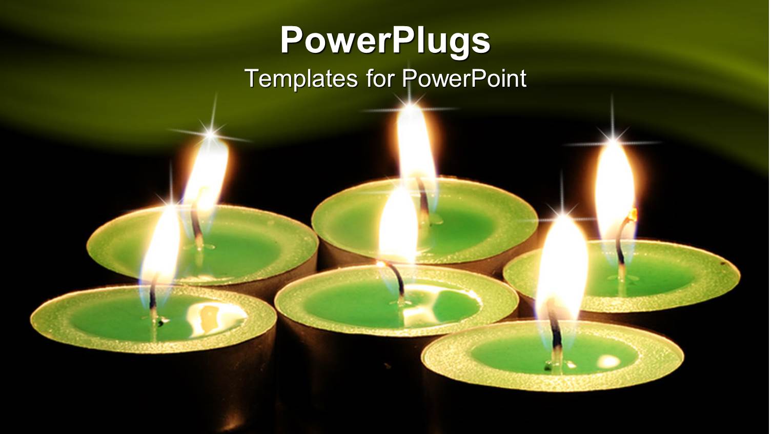 Six Green Aromatic Candles Burning on Black and Green Background