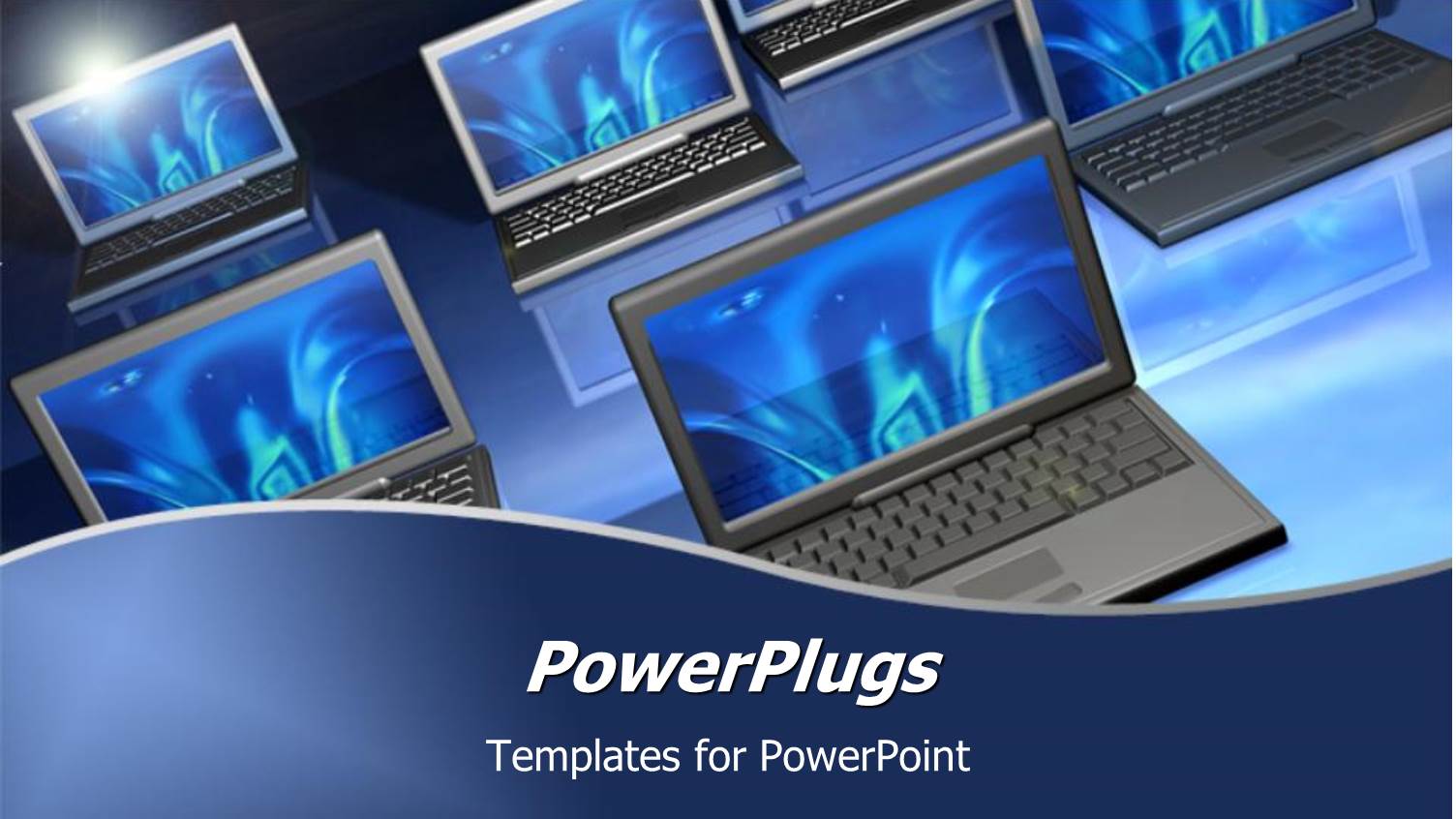 Six Laptops with Blue Screens on Glossy Reflecting Surface