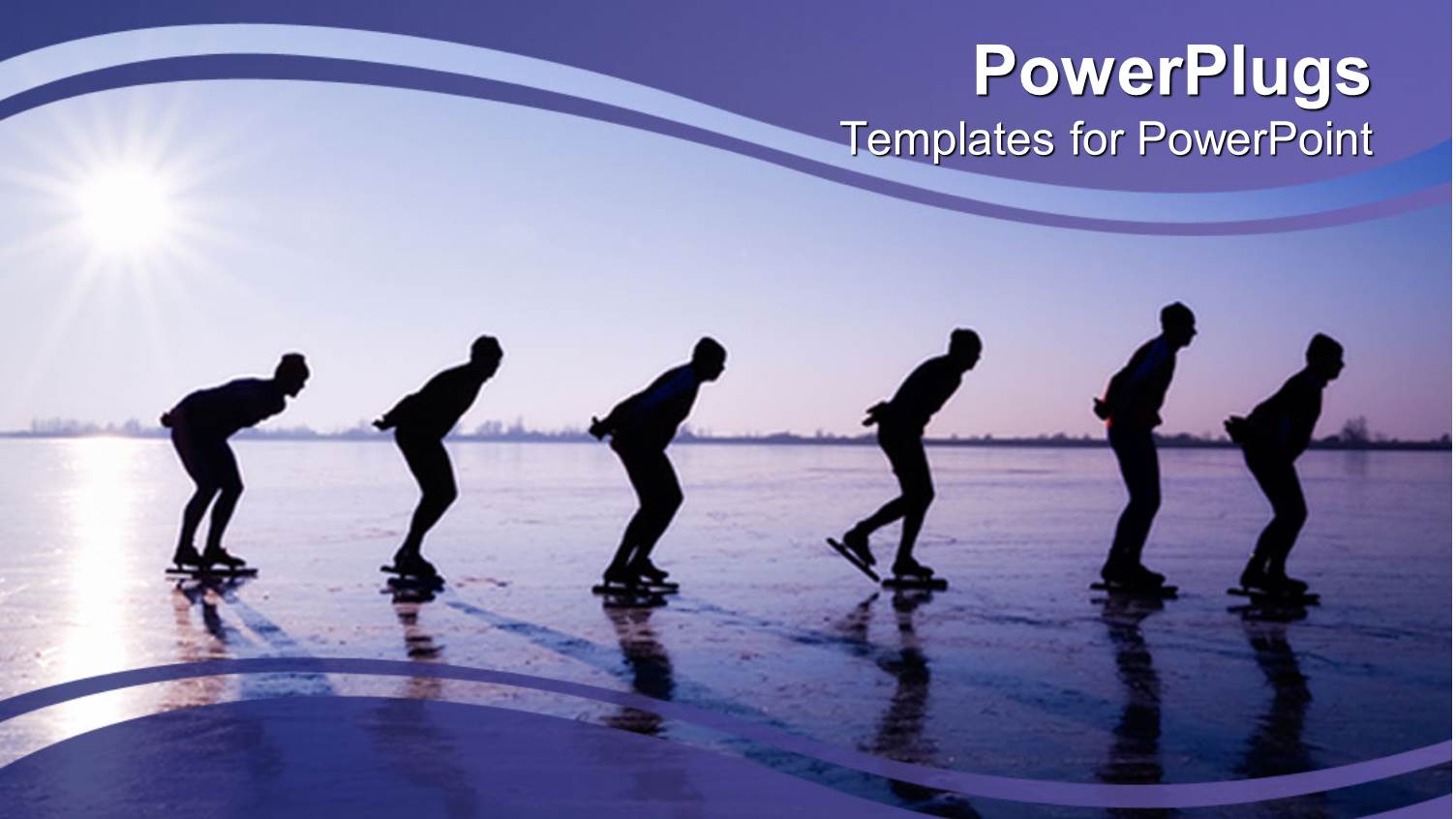 Six Men Ice Skating at Dawn in Purple Background