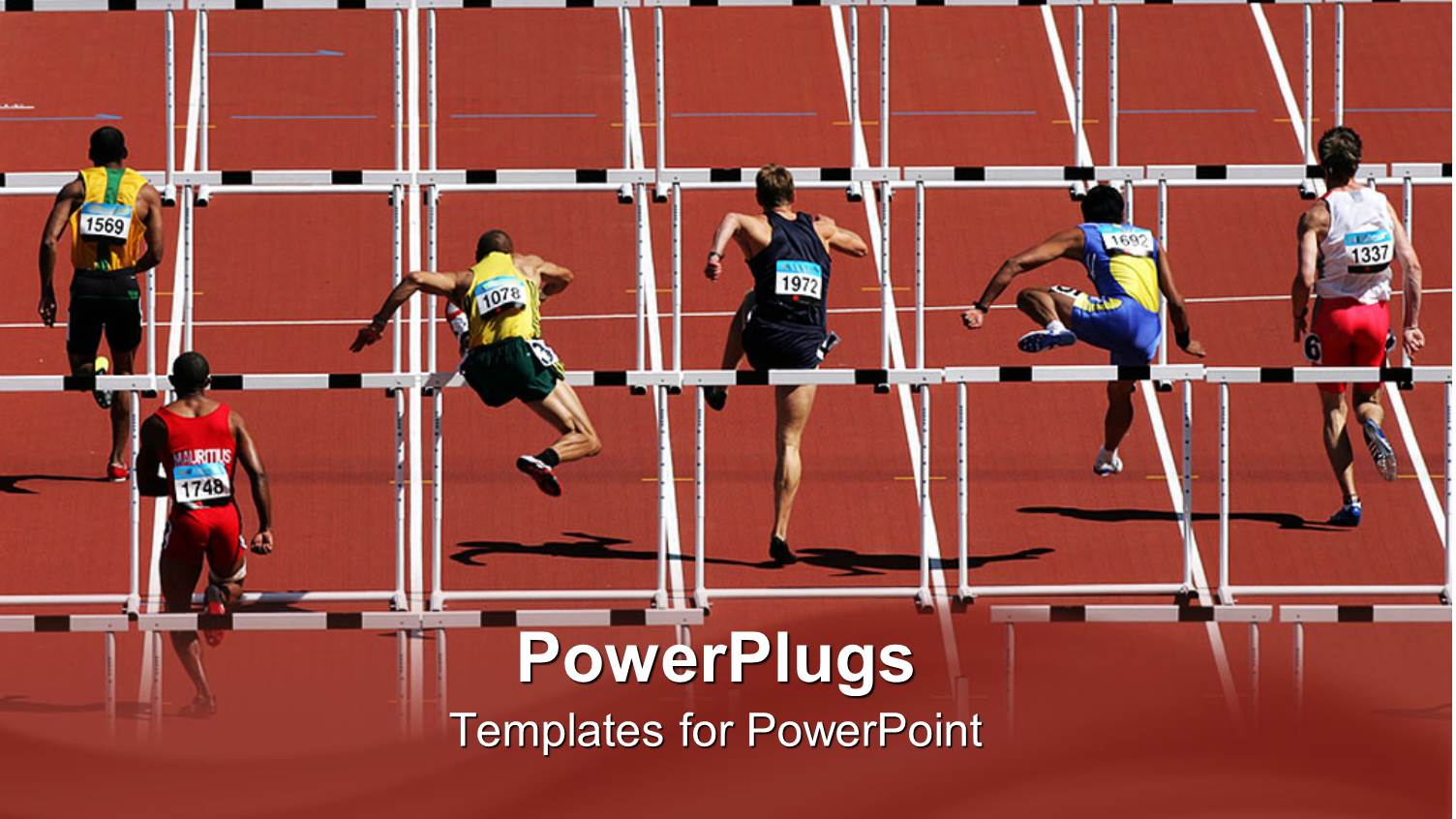 Six Men Running Over Hurdles in a Race on Racing Ground