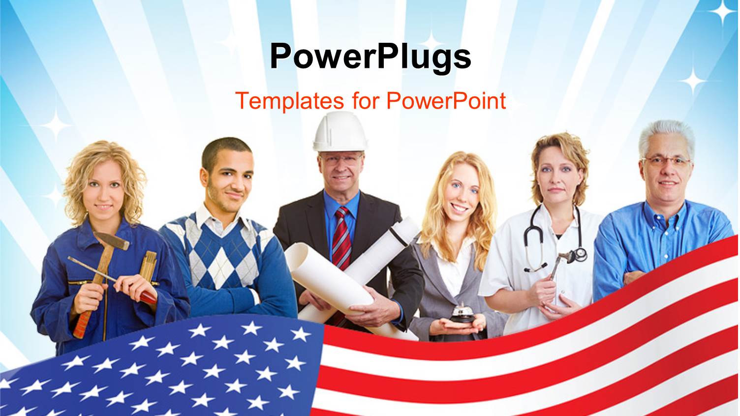 Six People Wearing Different Occupational Attires with a USA Flag in their Front