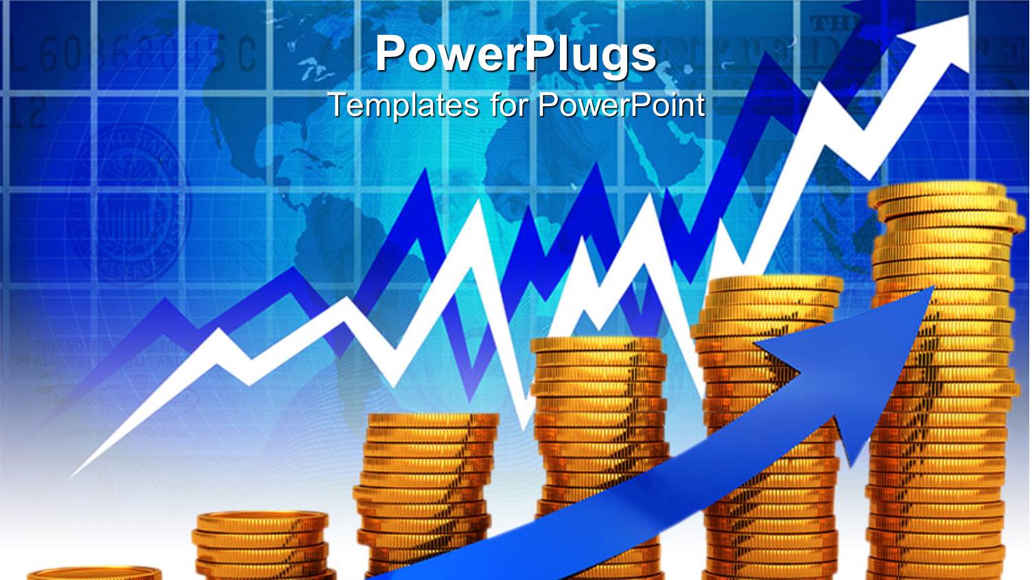 Six Stacks of Gold Coins with a large Blue Arrow