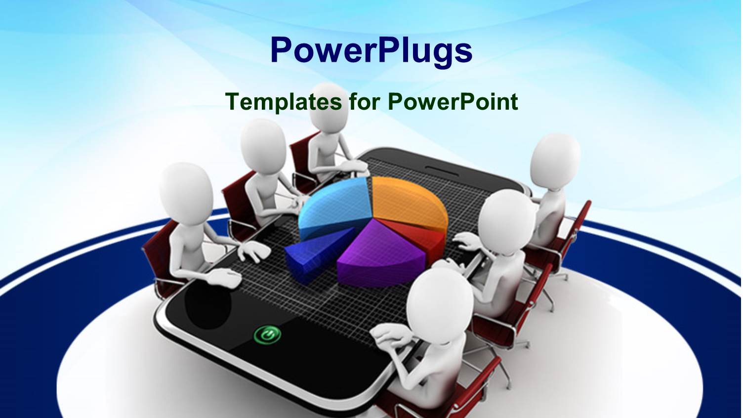 Six White Figures Sitting Around Smart Phone Table with Three Dimensional Exploded Pie Chart
