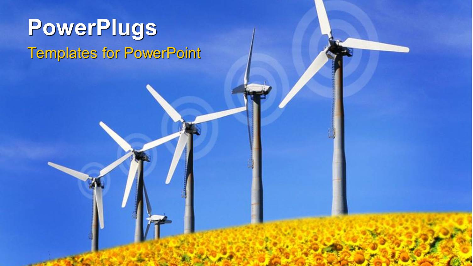 Six Windmills on Sunflower Field Over Blue Sky Background