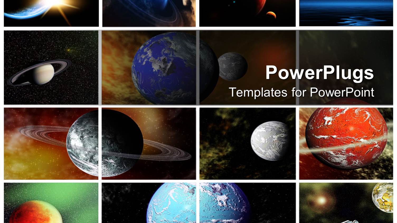 Sixteen Depictions Collage of Planets and Galaxy, Earth, Moon, Spaceship