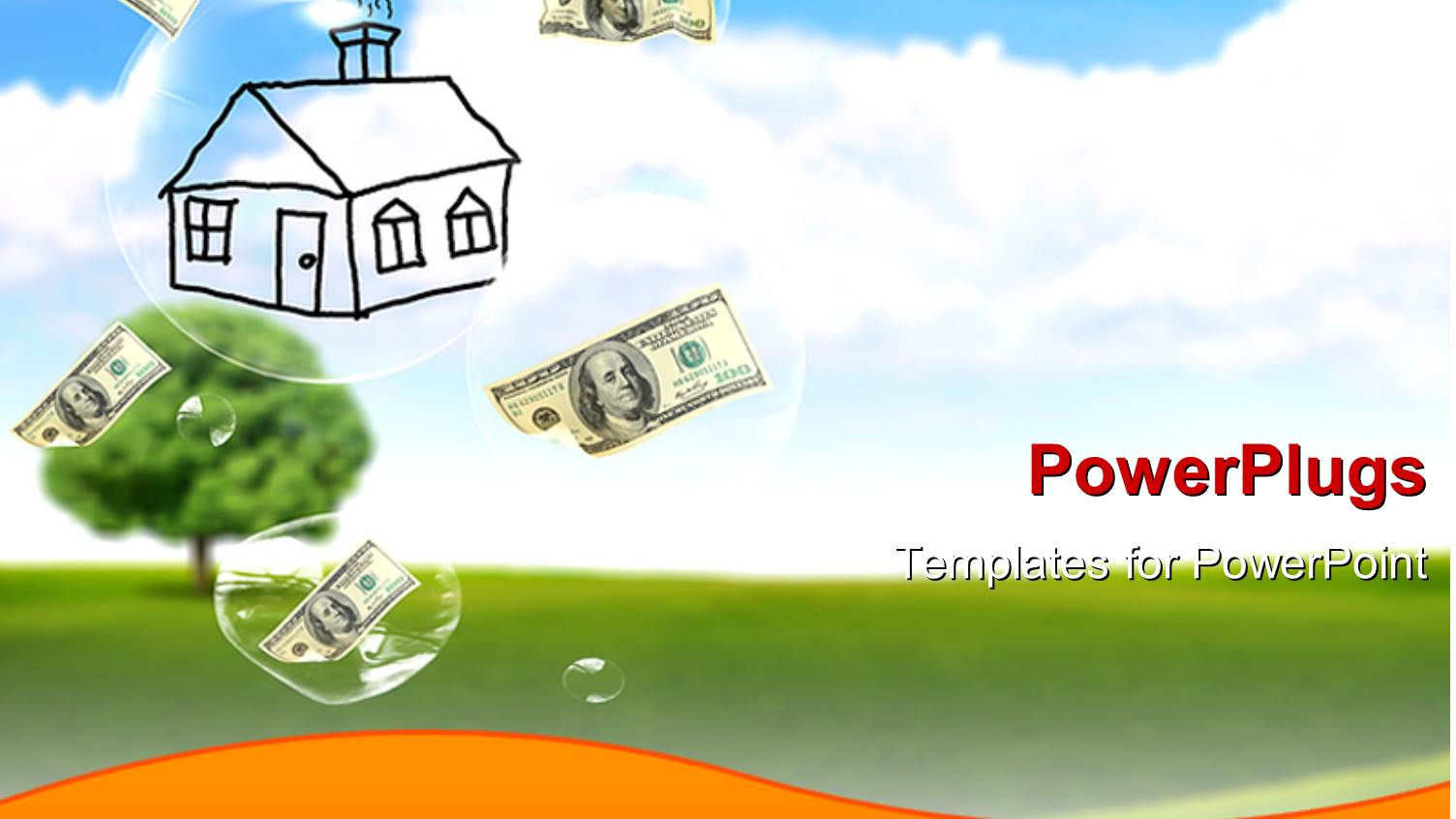 Sketched Building with Dollar Bills Falling in Water Droplets Over Green Field