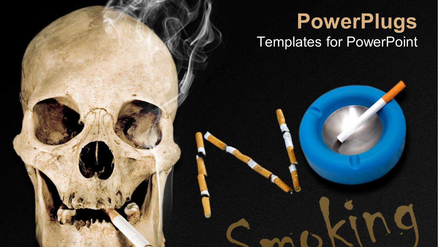 Skull with Lit Cigarette no Smoking, Blue Ashtray