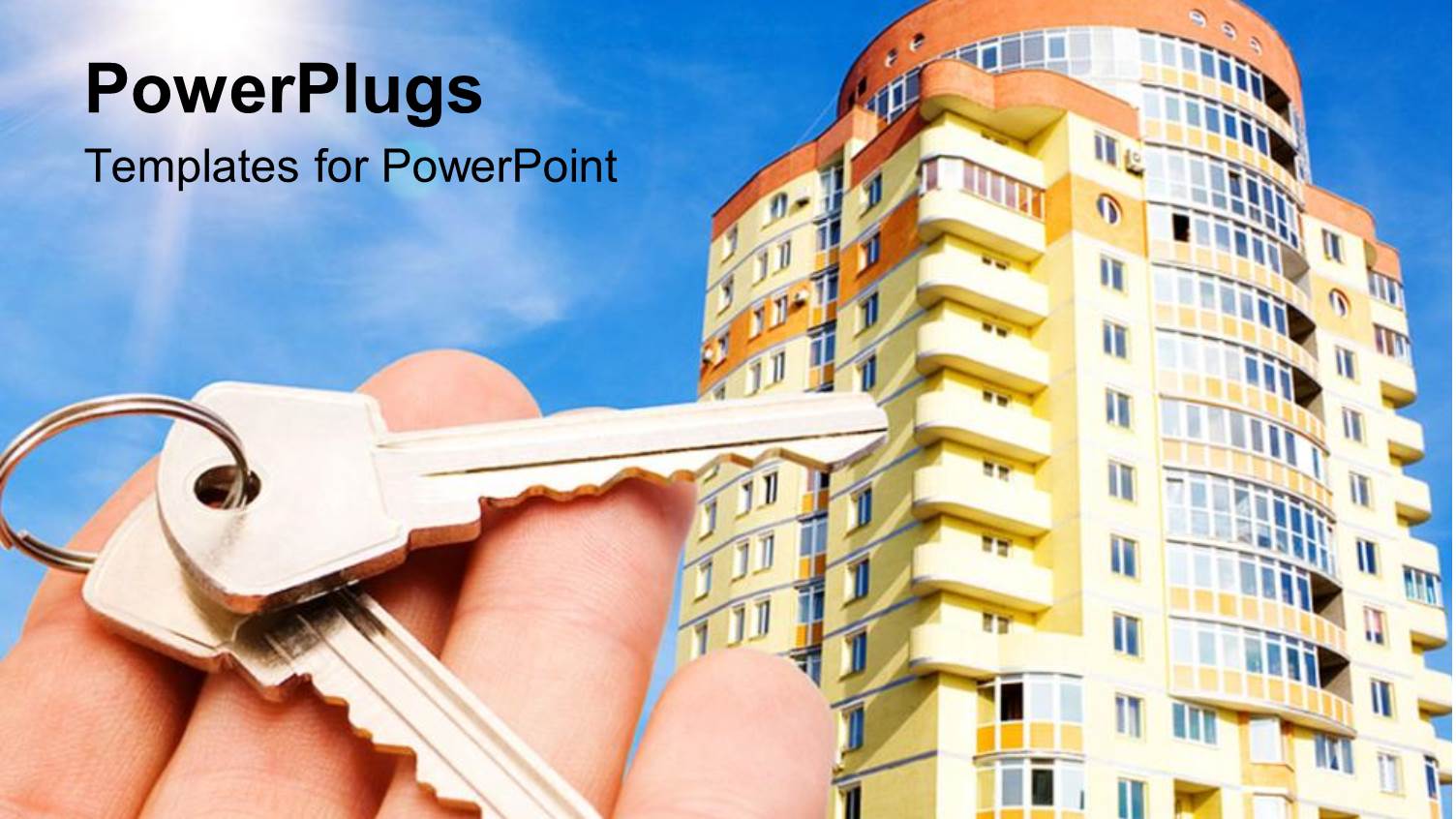 a Skyscraper Along with a Hand Holding Keys and Sun in the Background