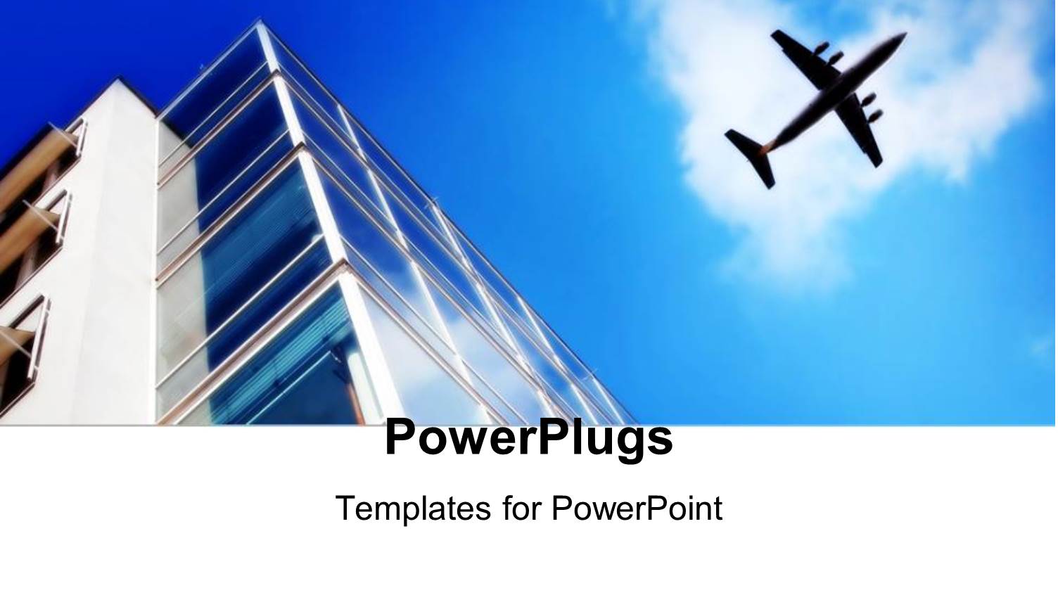 Skyscraper with large Windows and Flying Plane on the Light Blue Sky