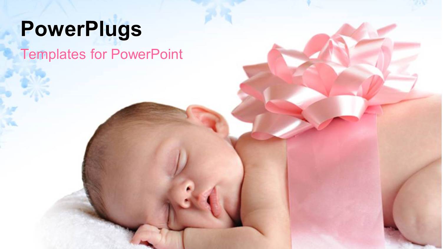 Sleeping Newborn Wrapped in a Broad Pink Ribbon and a Bow with Blue Decorative Shapes