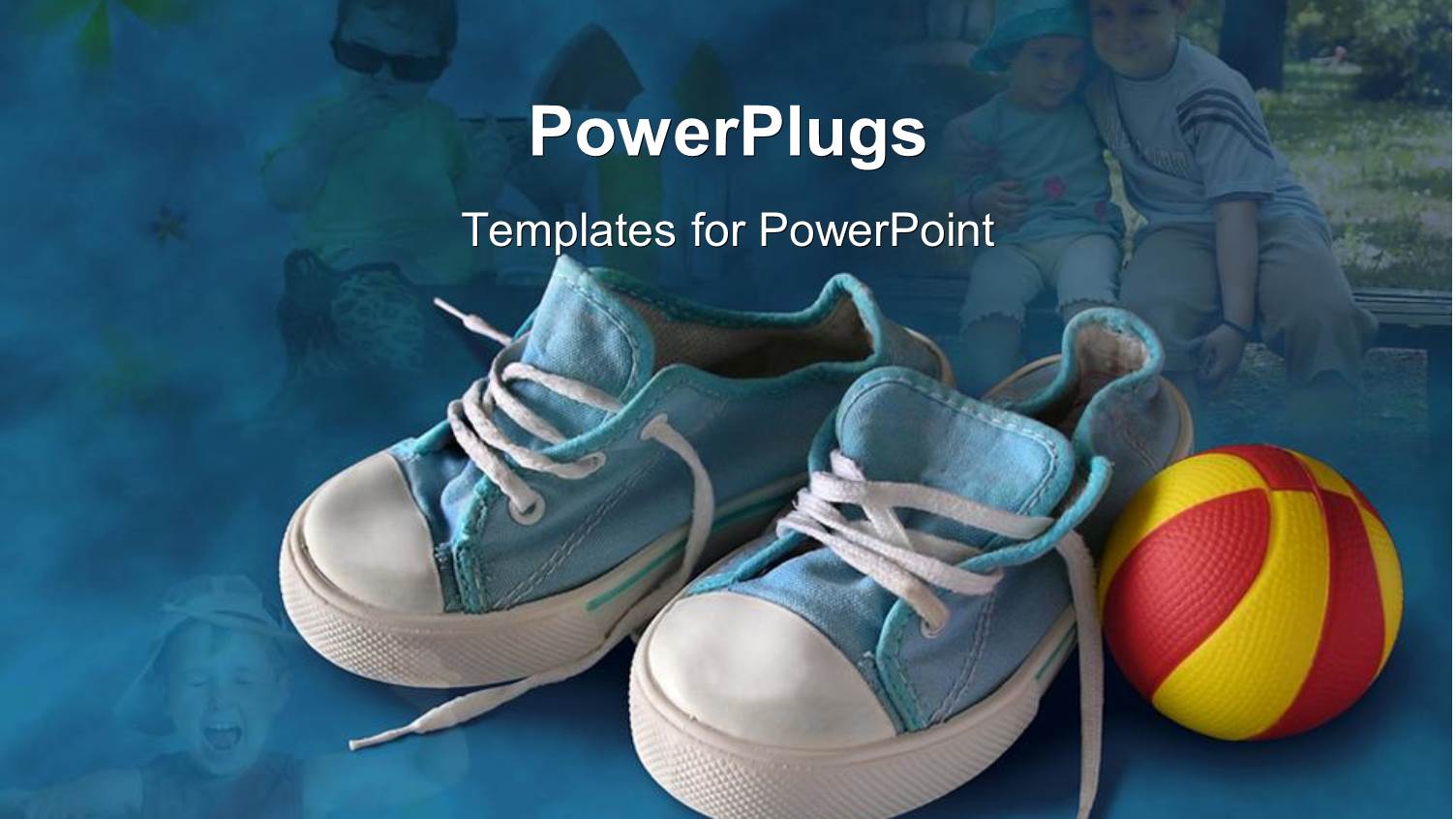 small Blue and White Sneakers with a Red and Yellow Ball with Children on Background