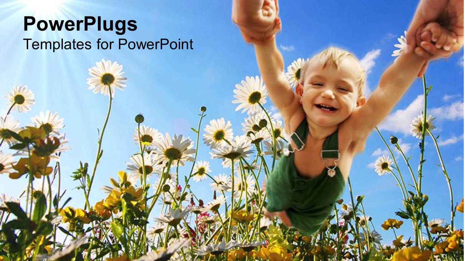 small Child Holding Parents Hands Swinging Through Field of Daisies