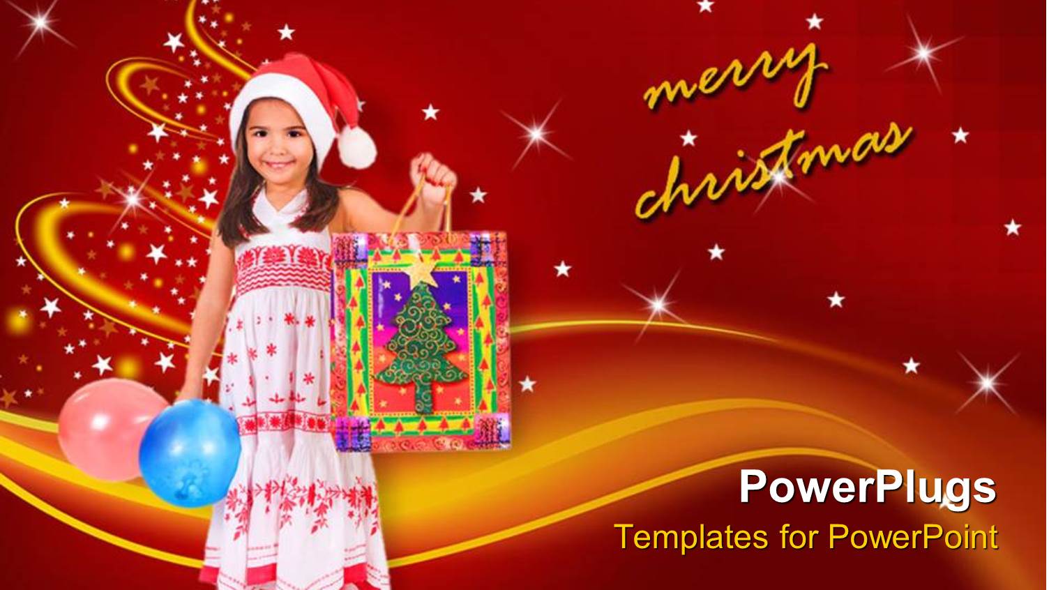 small Girl Holding a Christmas Gift Bag and Balloons