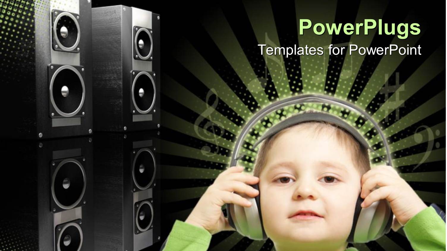 a small Kid Wearing Headphones with Black Speakers Behind