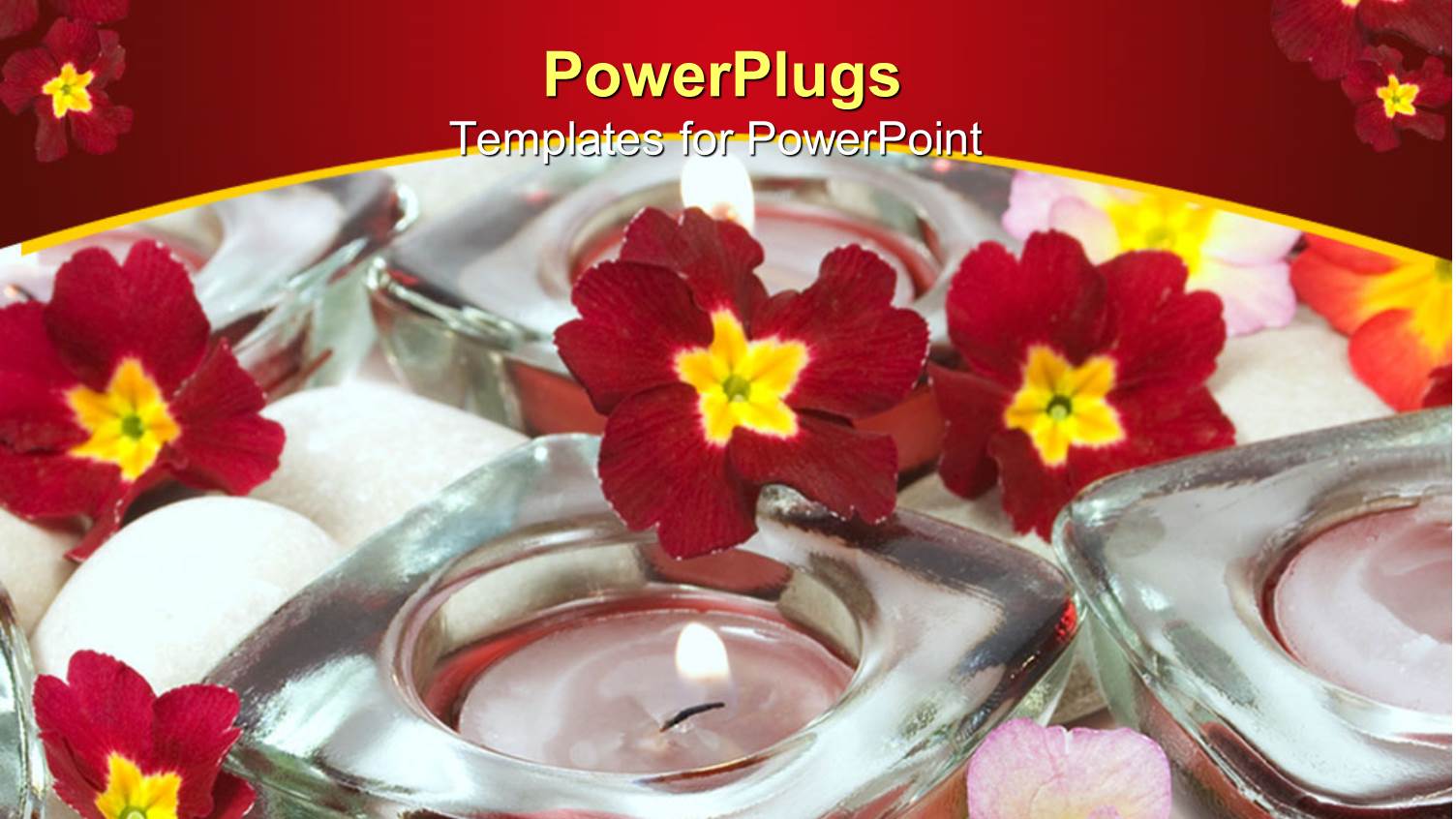small Pink Lit Candles with Lots of Red Flowers