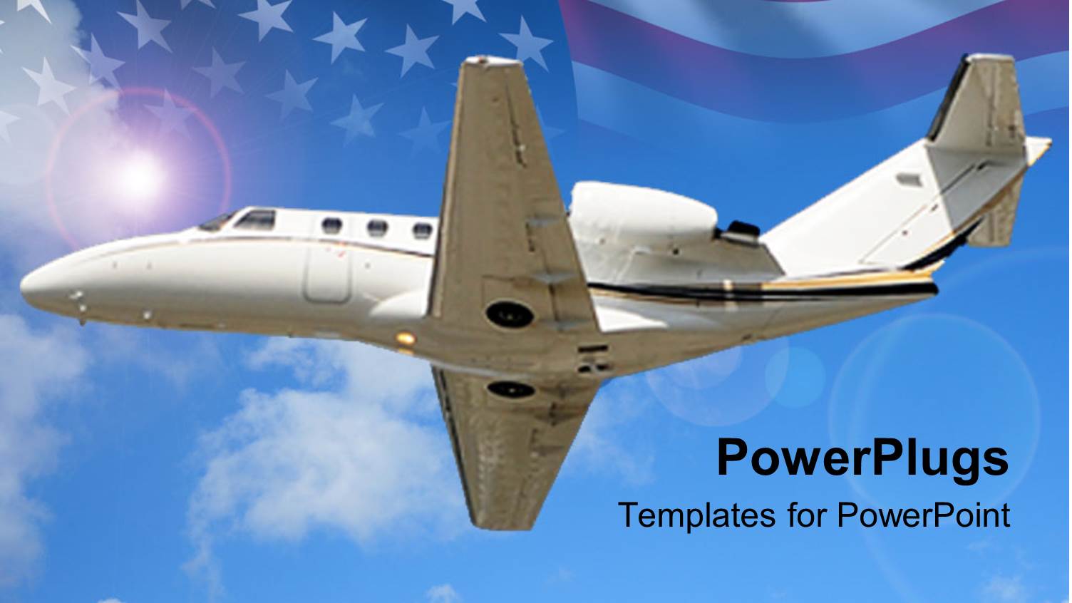 small Private Jet Flying with us Flag in Background