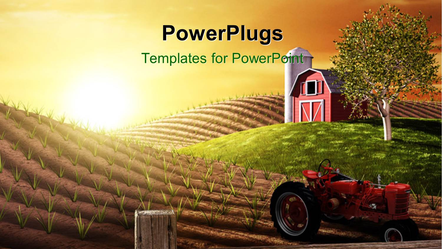 small Red Barn and Tractor on Farm at Sunrise in Spring