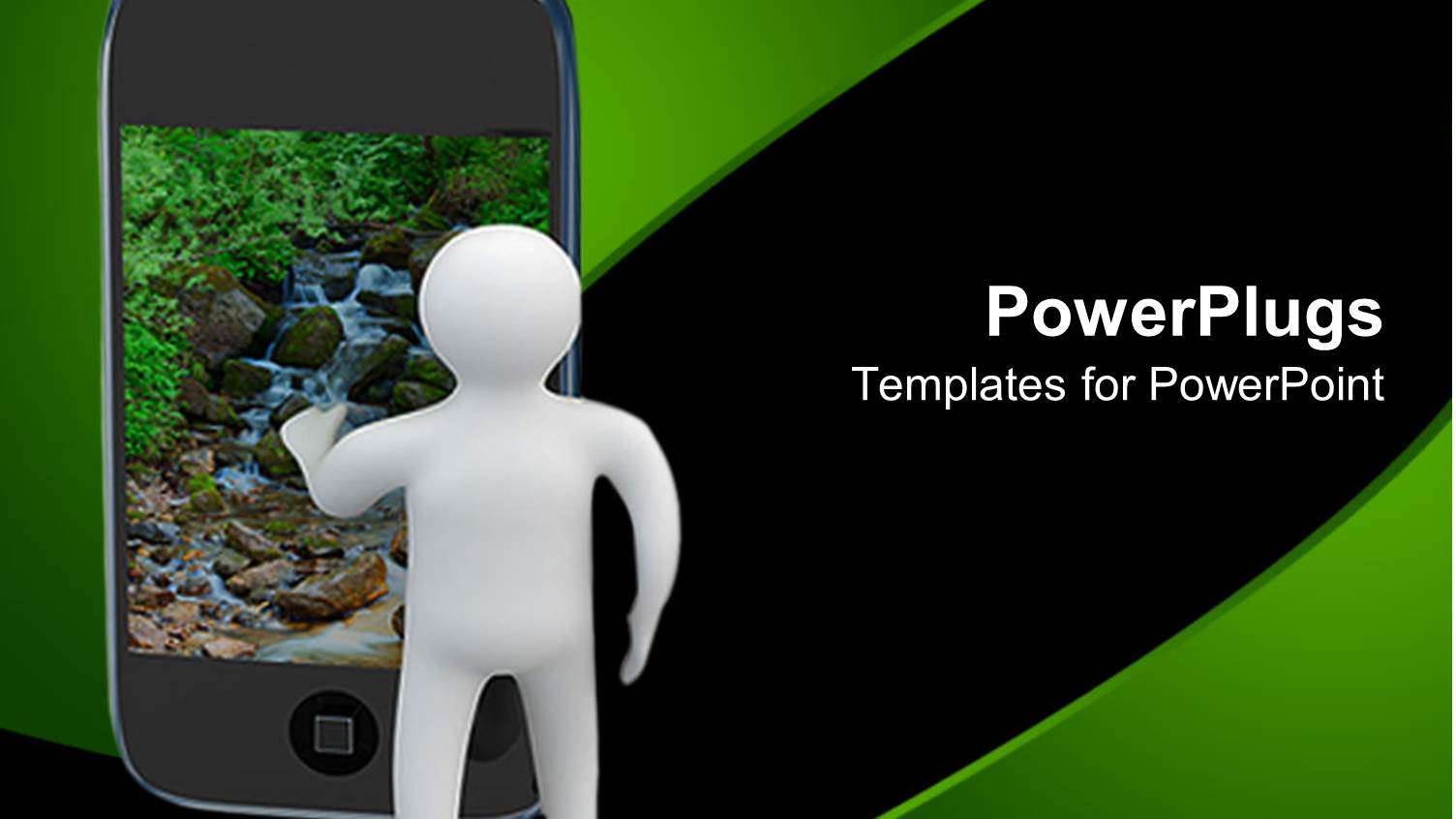 small White Figure Standing Beside Smart Phone Showing Peaceful Babbling Brook Scene