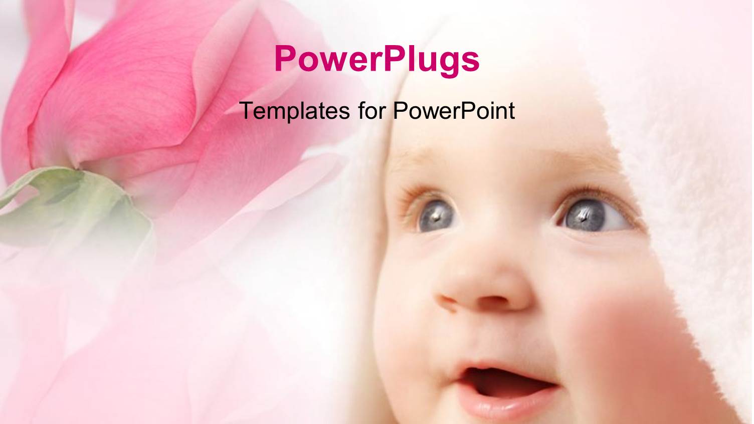 Smiling Baby Face Covered in Bath Towel with Pink Rose in Background