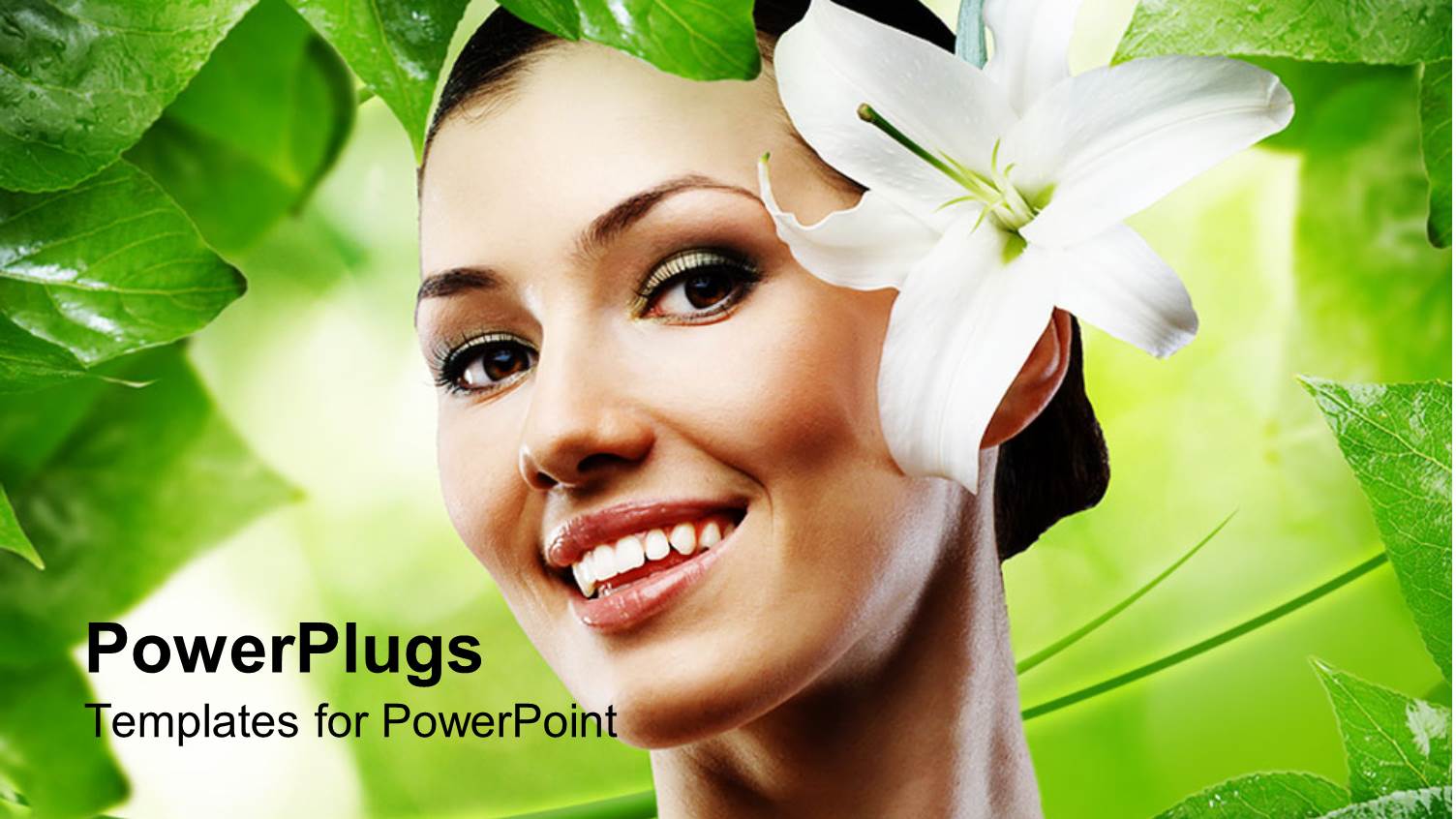 Smiling Beautiful Woman with White Flower in Green Background