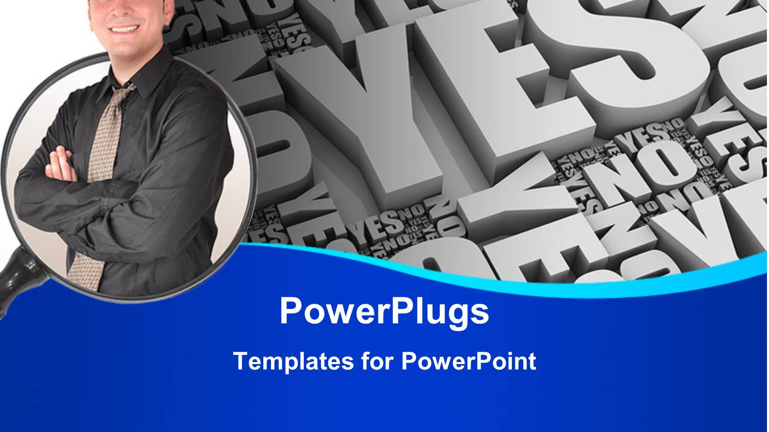 Smiling Businessman with Grey 3D Words YES and no