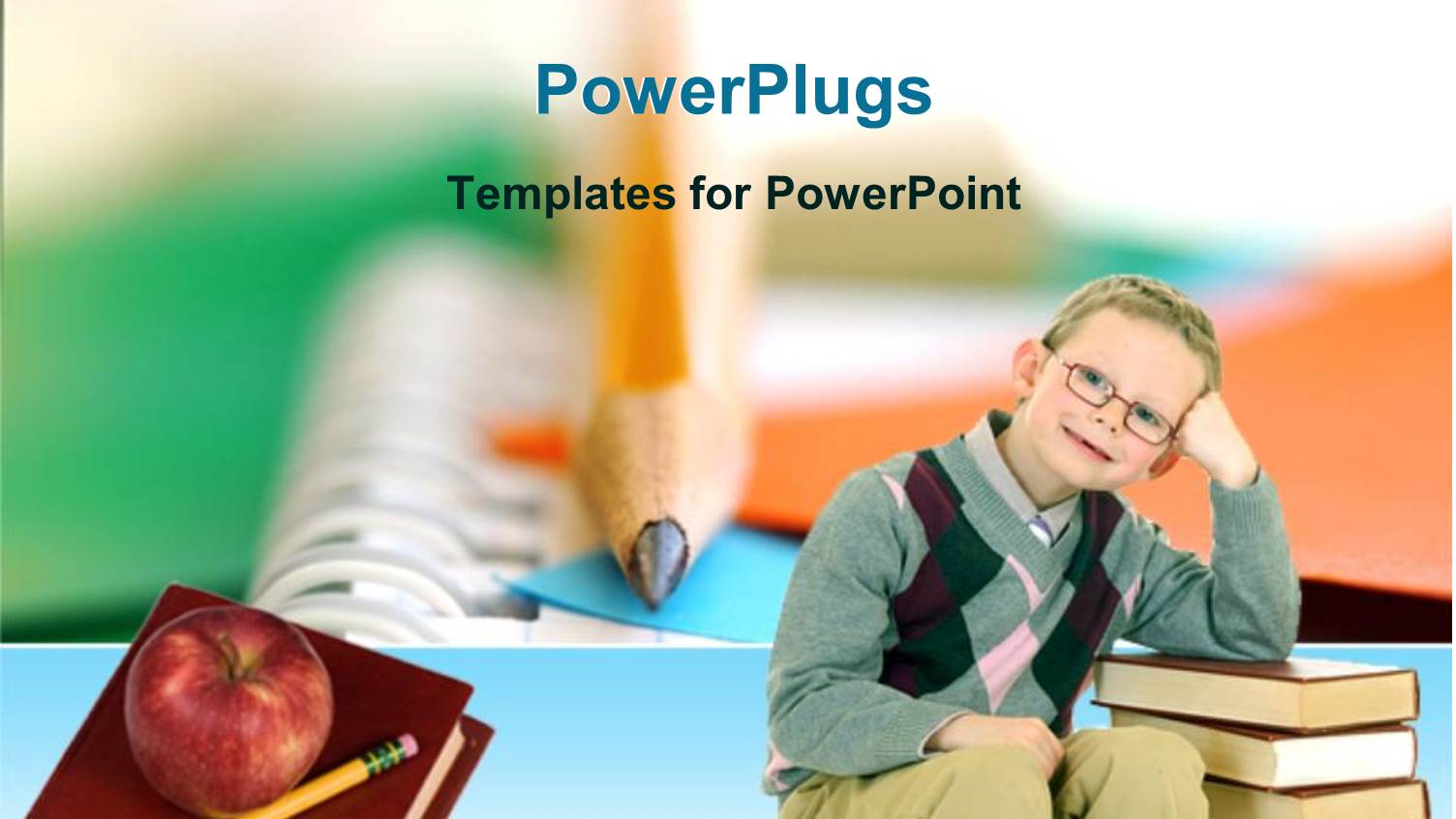 Smiling Child on Sitting with Hand on Top of Stack of Books, Notebook and Pencil Red Apple