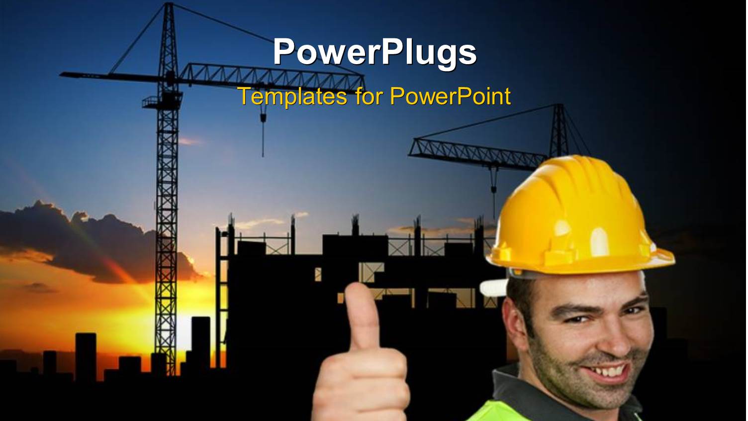 Smiling Construction Worker Wearing Protective Helmet Over Construction Site with Cranes