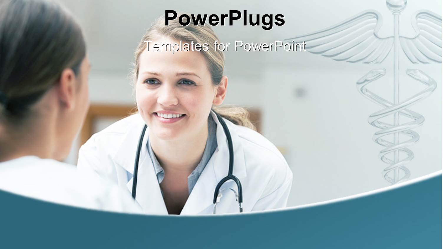 Smiling Doctor Looking at a Patient on a Wheelchair with Caduceus Symbol in Background