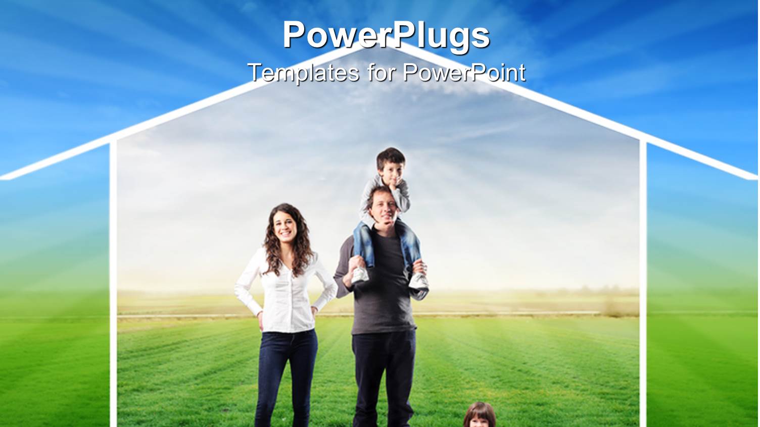 Smiling Family of Four on Green Field Inside Outline of House