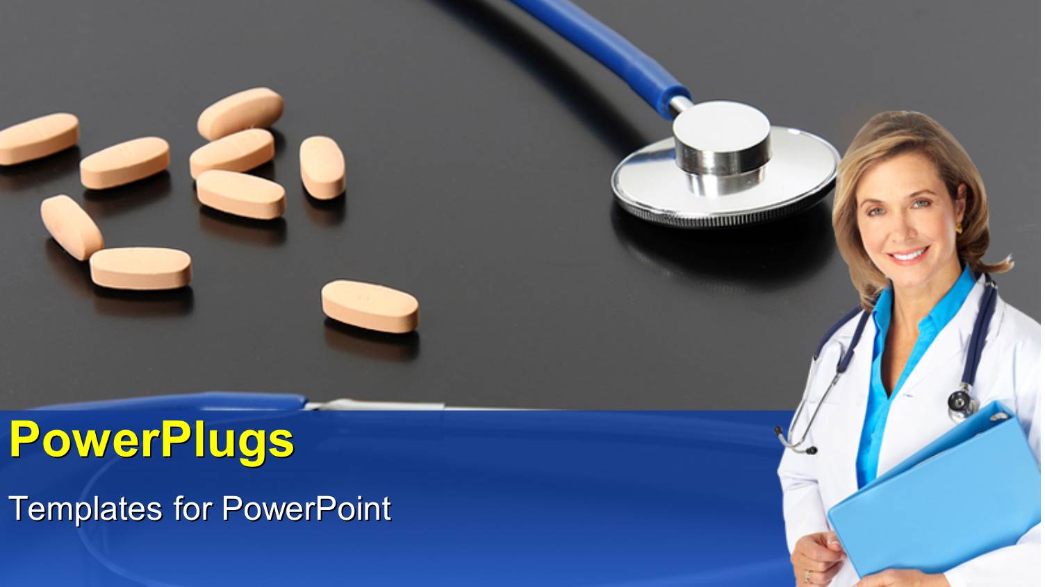 Smiling Female Doctor with Orange Tablets and Stethoscope on Black Background