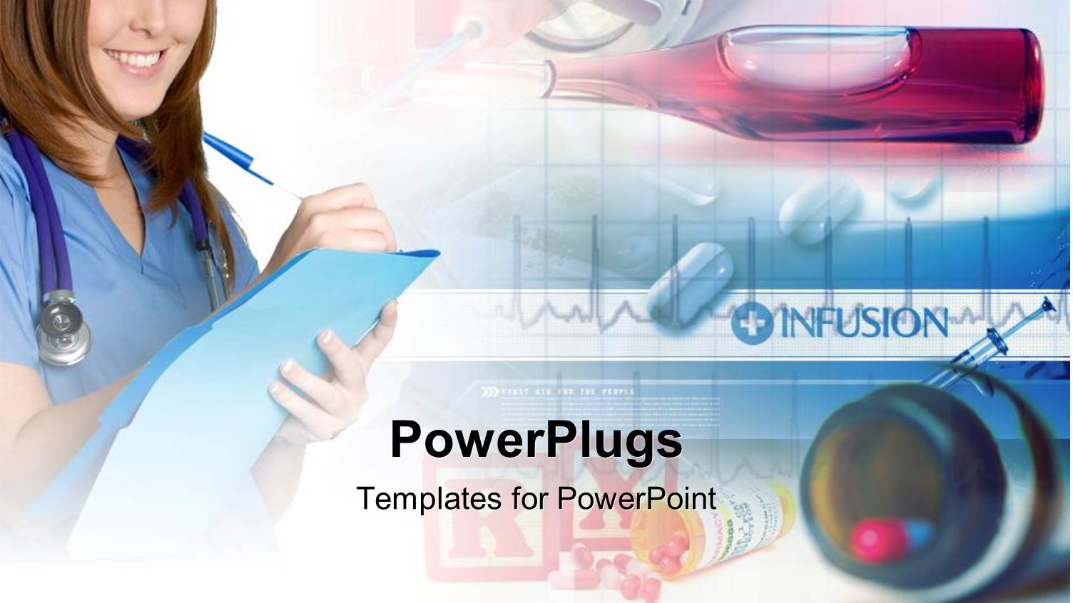 Smiling Female Doctor Writing on Chart Surrounded by Pills and Liquid Medicine