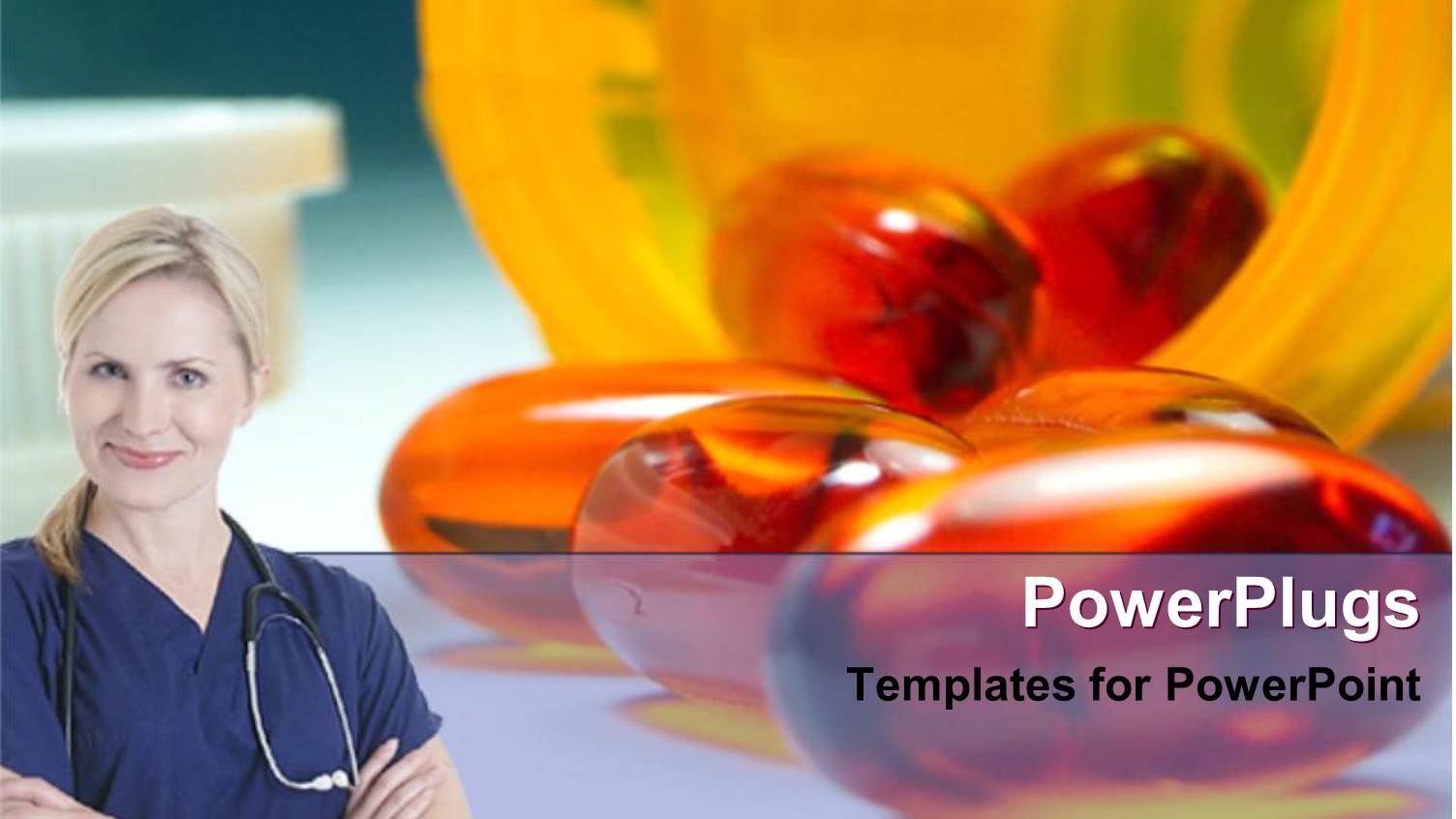 Smiling Female Nurse with Stethoscope in Front of Background Showing Overturned Pill Bottle with Red Gel Caps