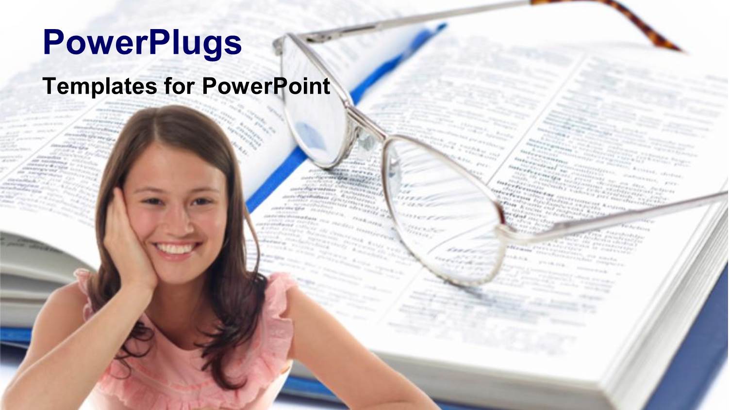 Smiling Girl with Open Book on Background of Book with Eye Glasses