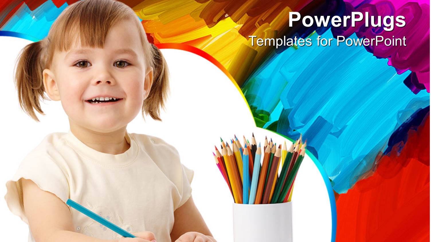 Smiling Happy Girl with Colored Pencils in Cup and Painting in the Background