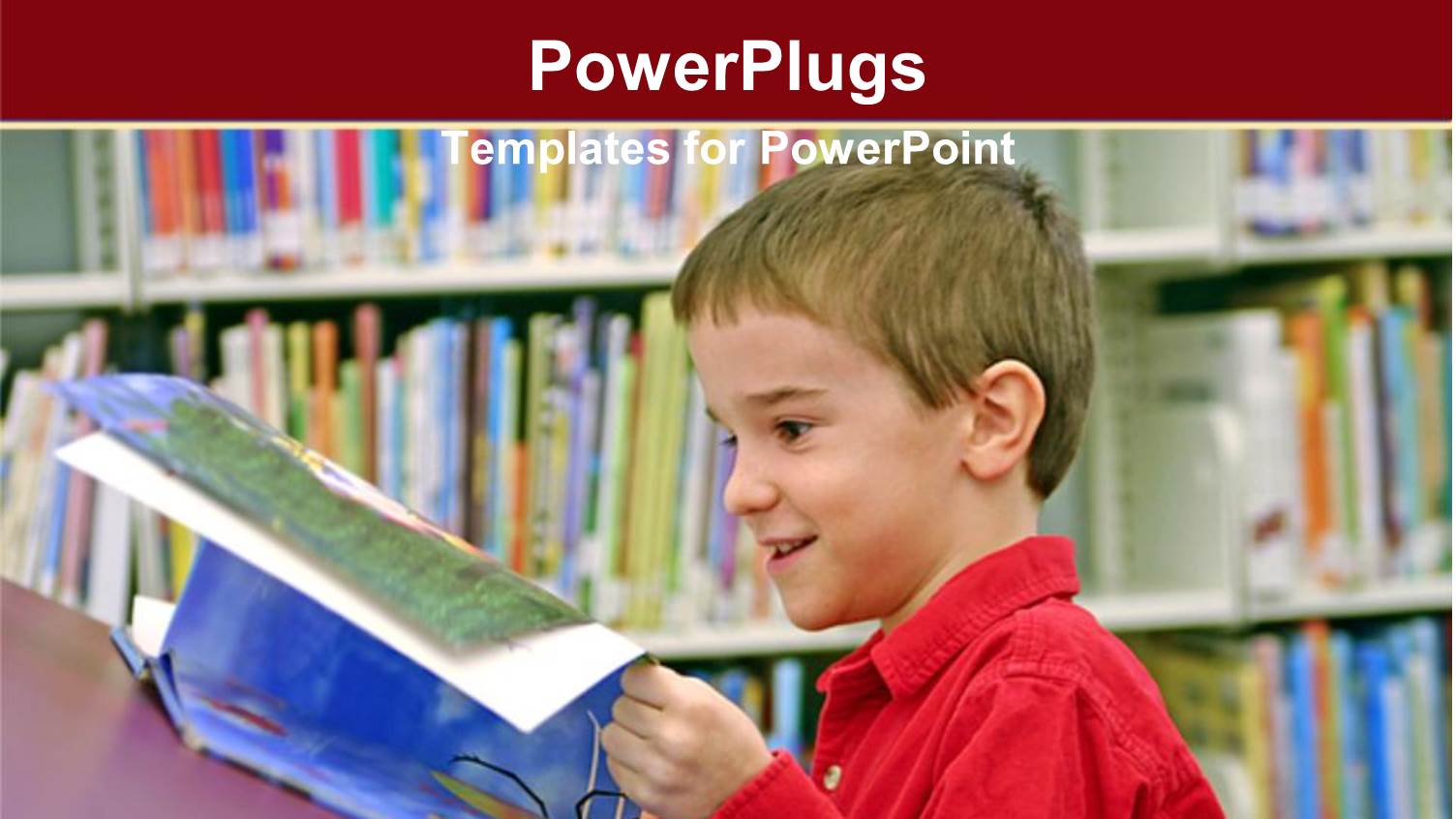 Smiling Kid Reading from a Book with large Library Shelves in his Back