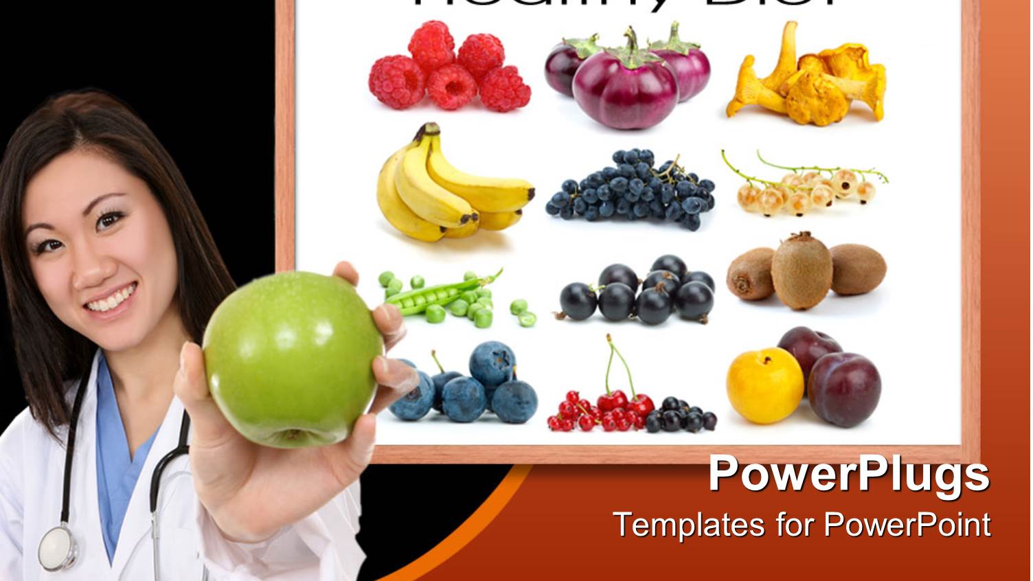 a Smiling Lady Holding an Apple and some Fruits at the Back 