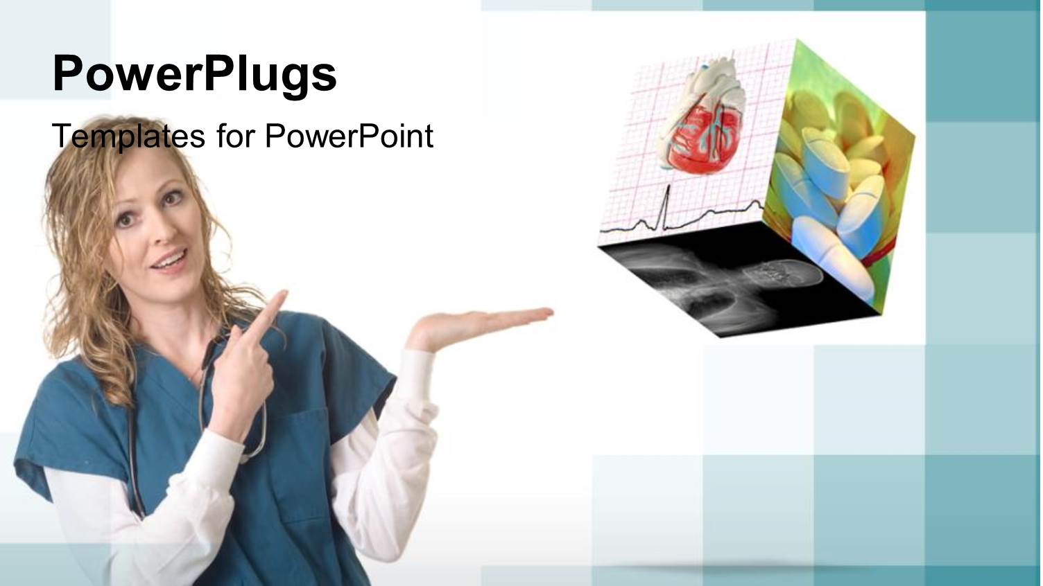 a Smiling Lady in Medical Attire Pointing a Square Box Tile