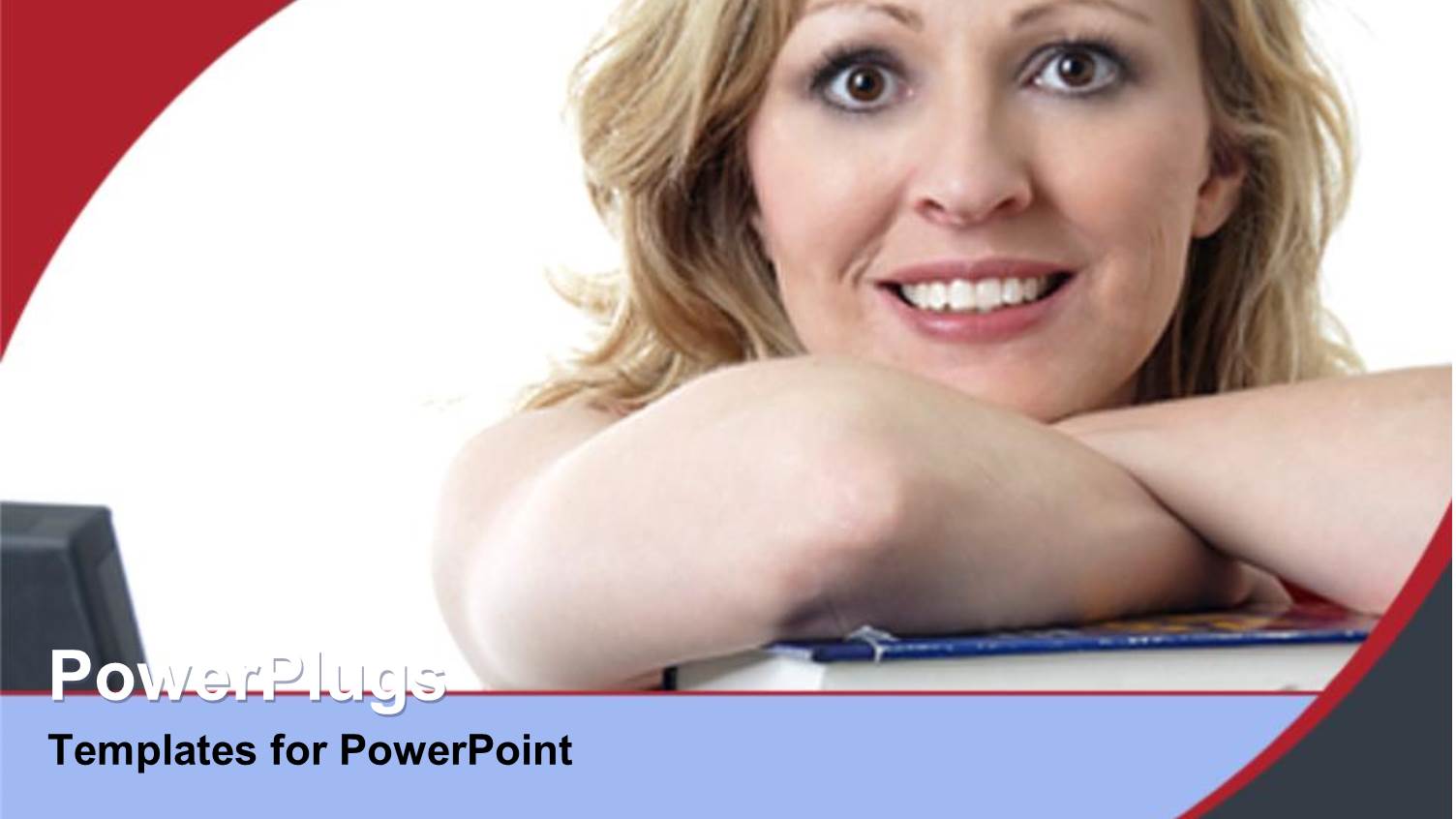 a Smiling Lady Resting on a Blue Closed Book