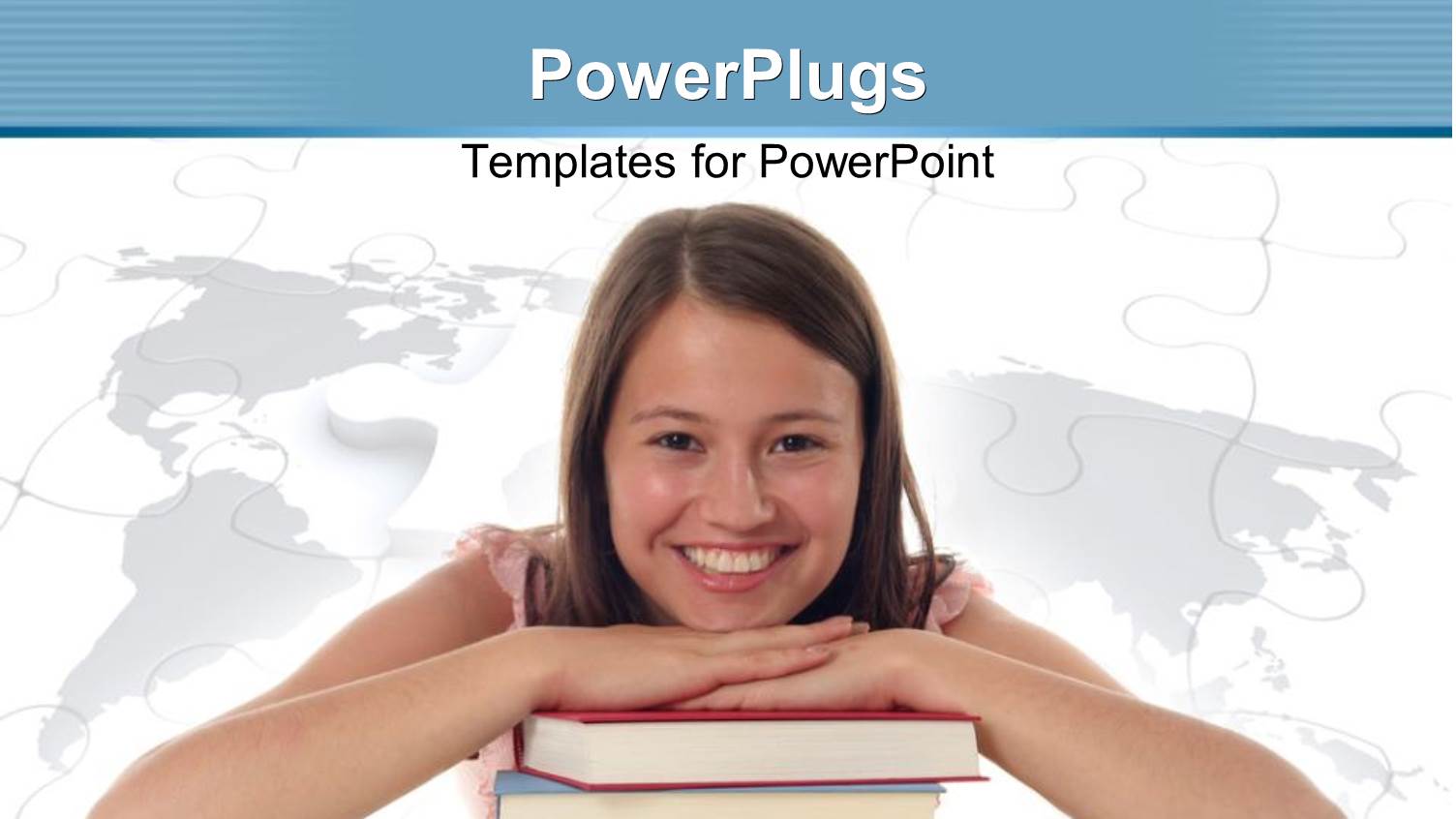 Smiling Lady Rests Hand and Chin on Pile of Books