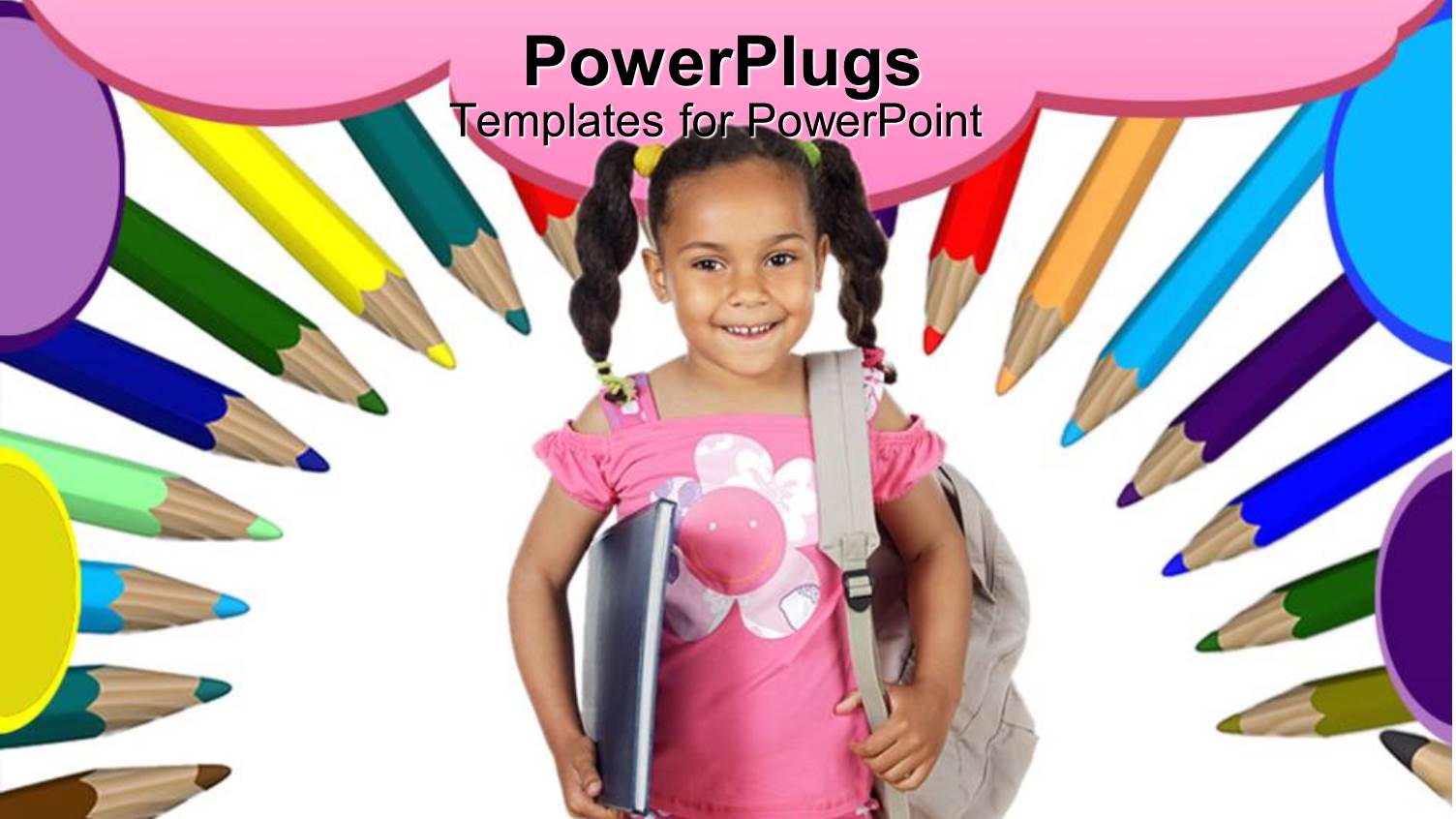 Smiling little Girl Dressed for School Surrounded by Colorful Pencils 
