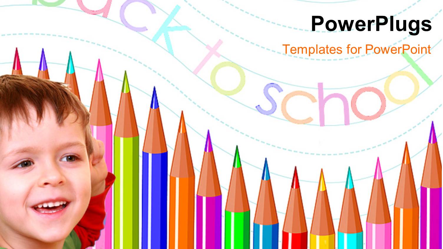 Smiling little Kid with Colored Pencils and Text Back to School 