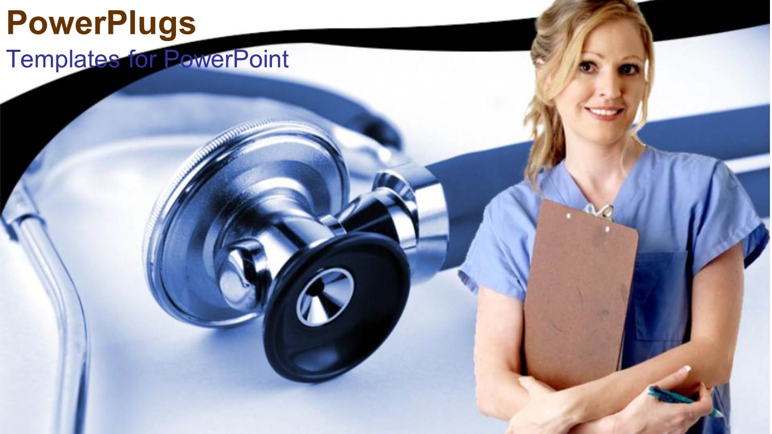 Smiling Nurse Holding Patient's Record and a Pencil, with Stethoscope in the Background