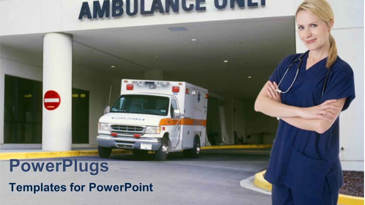 Smiling Nurse Standing in Front of Hospital Entrance Written Ambulance only