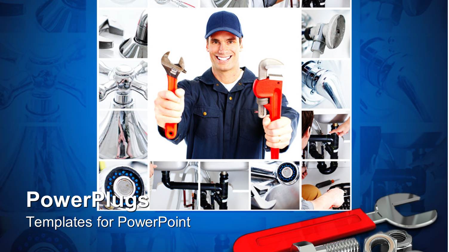 Smiling Plumber Holding Tools with Plumbing Collage, Blue Background, Wrench, Bolts