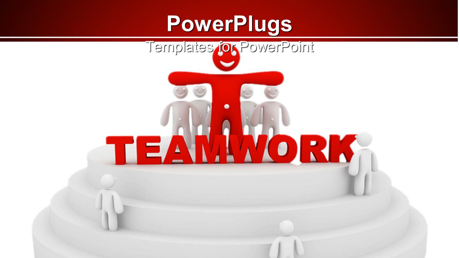 Smiling Red Figure Standing with Arms Outstretched Surrounded by White Figures and Letters Teamwork