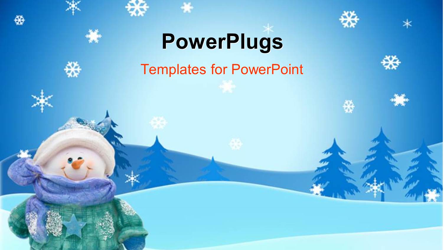 Smiling Snowman in Coat, Hat, Scarf, Mittens on Snowy Landscape with Trees