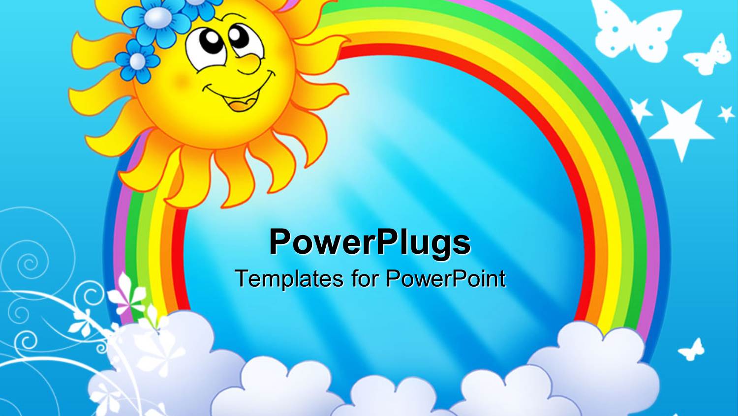 Smiling Sun with Rainbow Circle and Clouds in Blue Background