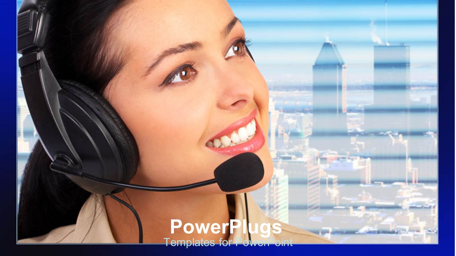 Smiling Telephone Operator Wearing Headset with Cityscape Background