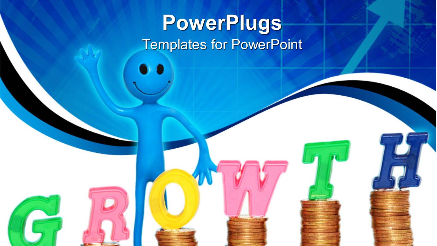 Smiling, Waving Blue Figure Standing Next to Piles of Coins with Letters Spelling Growth